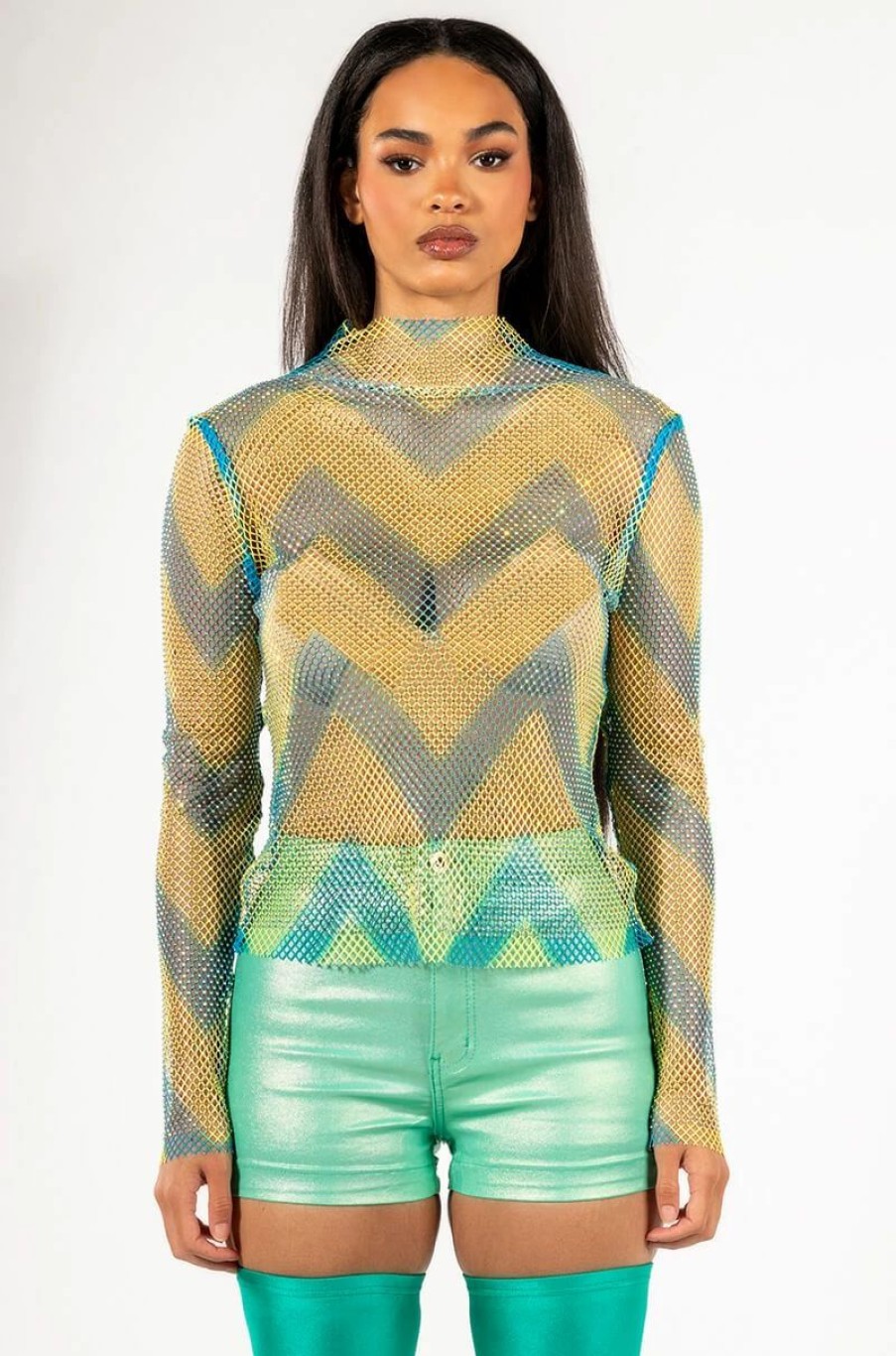 Long Sleeve Tops * | Lasting Impression Long Sleeve Mock Neck Rhinestone Mesh Top Blue Multi