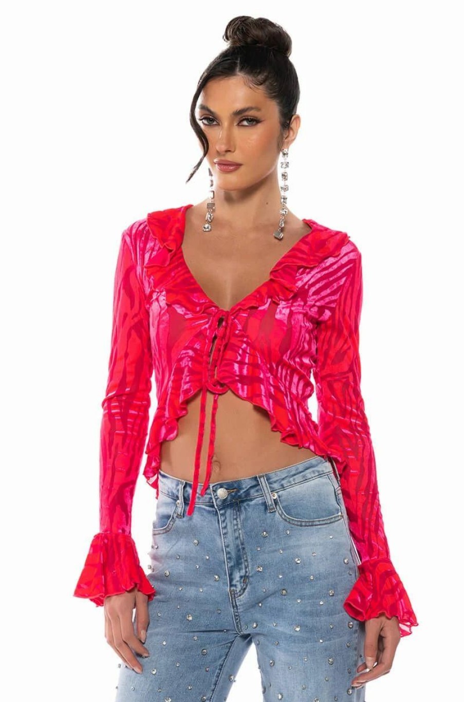 Long Sleeve Tops * | We Like To Party Ruffled Collar Tie Front Blouse Pink