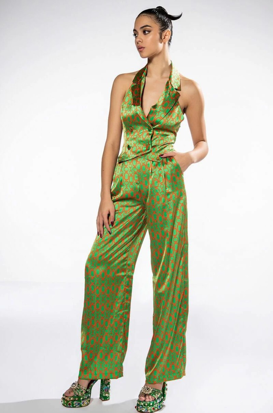 Two Piece Sets * | Minding My Own Wide Leg Pant Green Multi