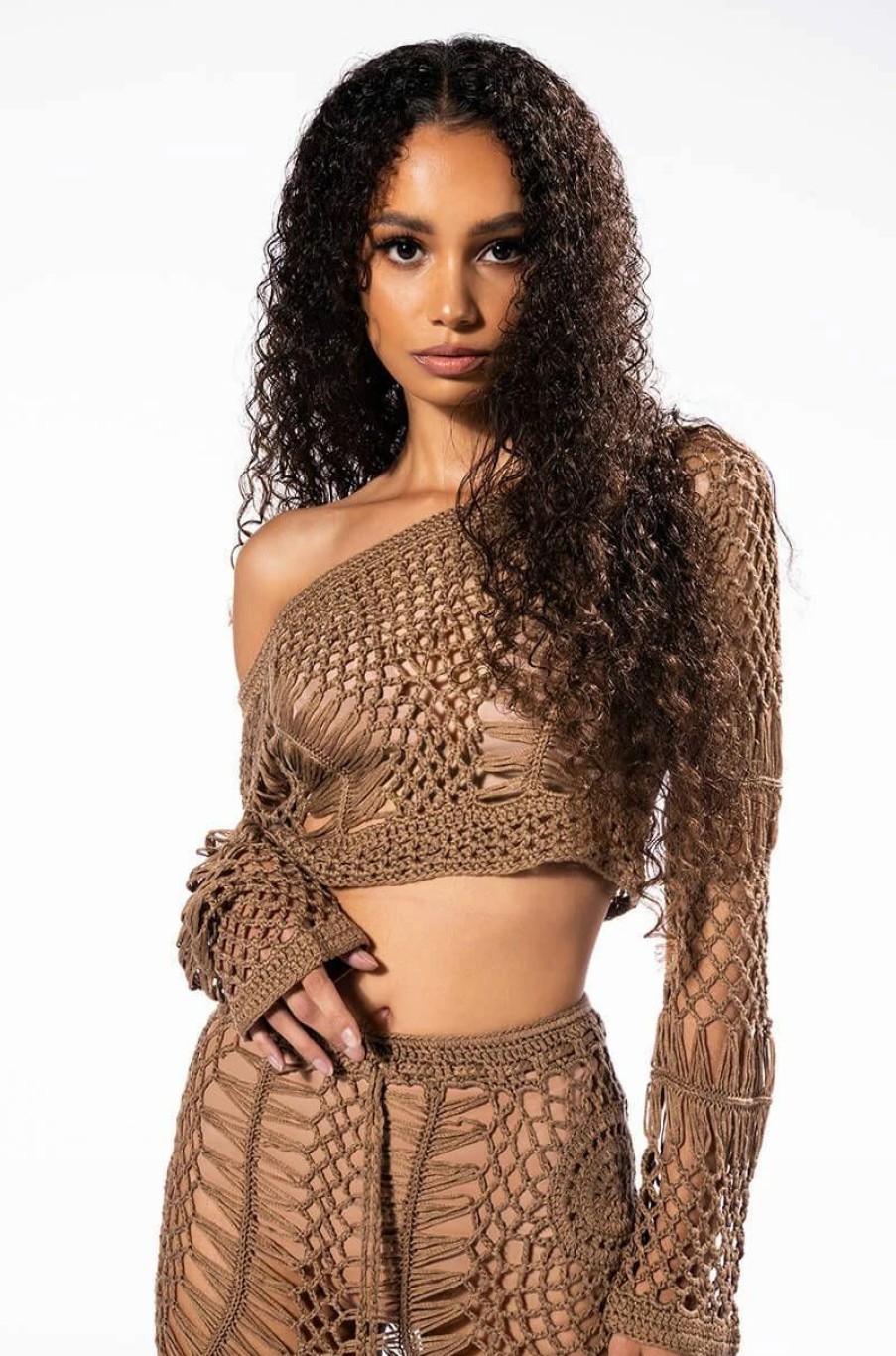 Long Sleeve Tops * | Sand Dunes Long Sleeve Crochet Top And Maxi Skirt Set Brown