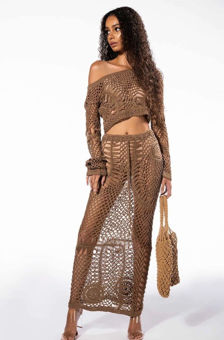 Long Sleeve Tops * | Sand Dunes Long Sleeve Crochet Top And Maxi Skirt Set Brown