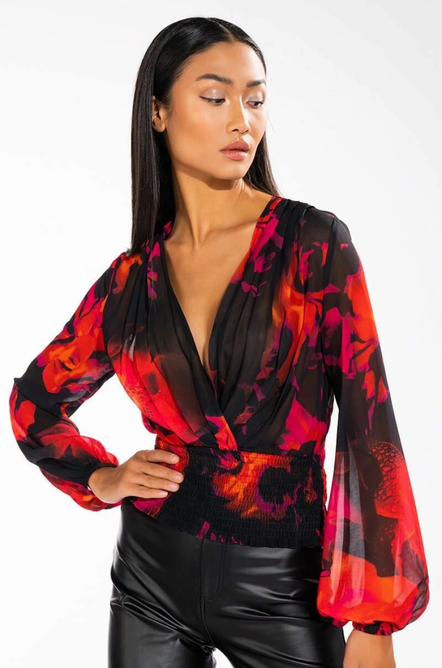 Long Sleeve Tops * | For The Thrill Of It Long Sleeve V Neck Blouse Red Multi