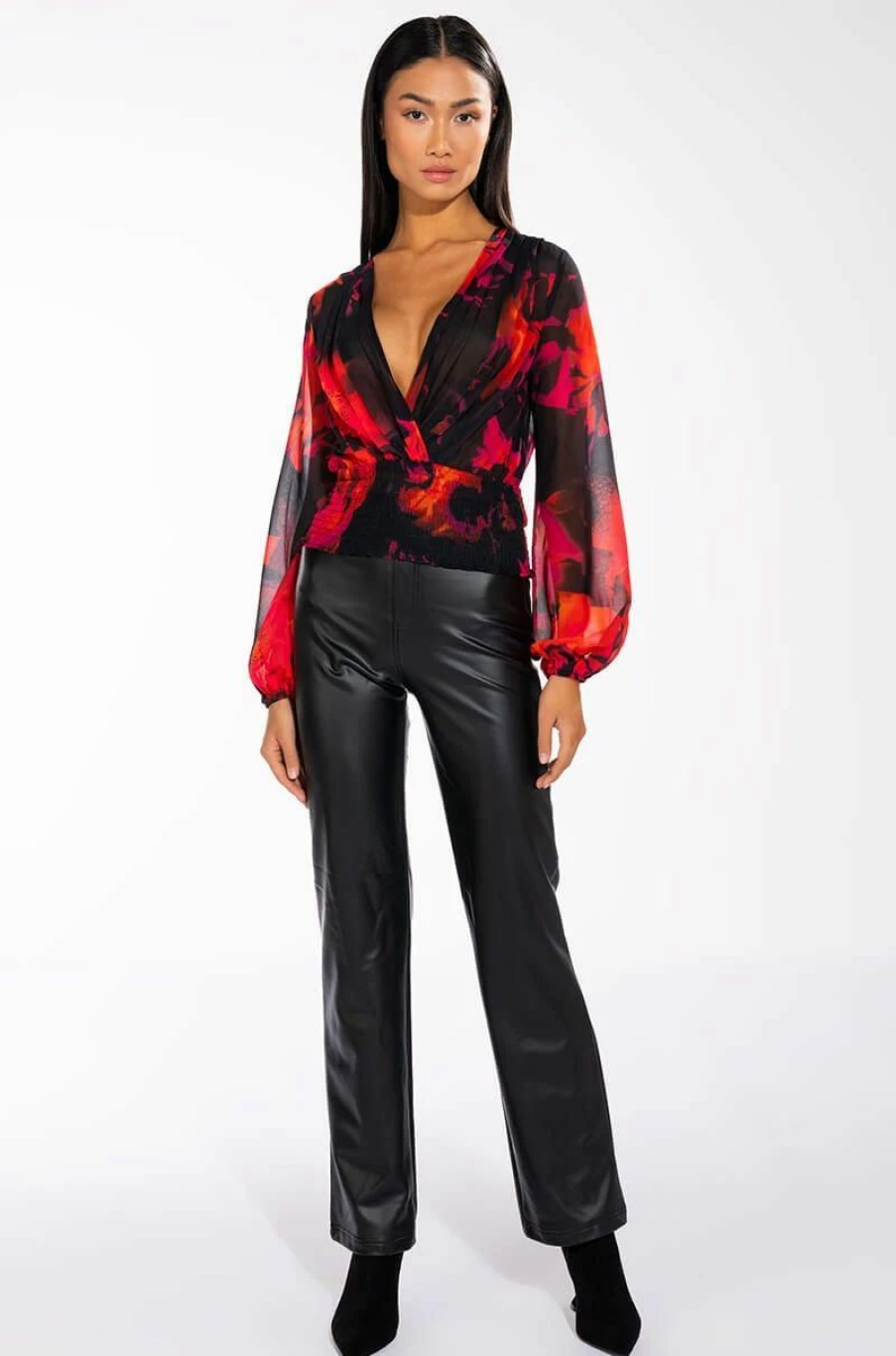 Long Sleeve Tops * | For The Thrill Of It Long Sleeve V Neck Blouse Red Multi