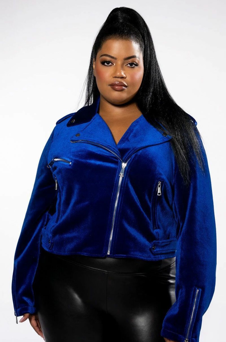 Moto Jackets * | Plus Velvet Noir Moto Jacket Blue