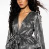 Long Sleeve Tops * | Noel Pleated Tie Front Metallic Peplum Blouse Silver