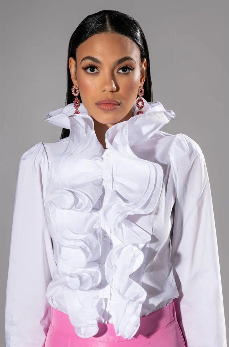 Long Sleeve Tops * | Calista Statement Ruffle Collar Button Down Blouse White