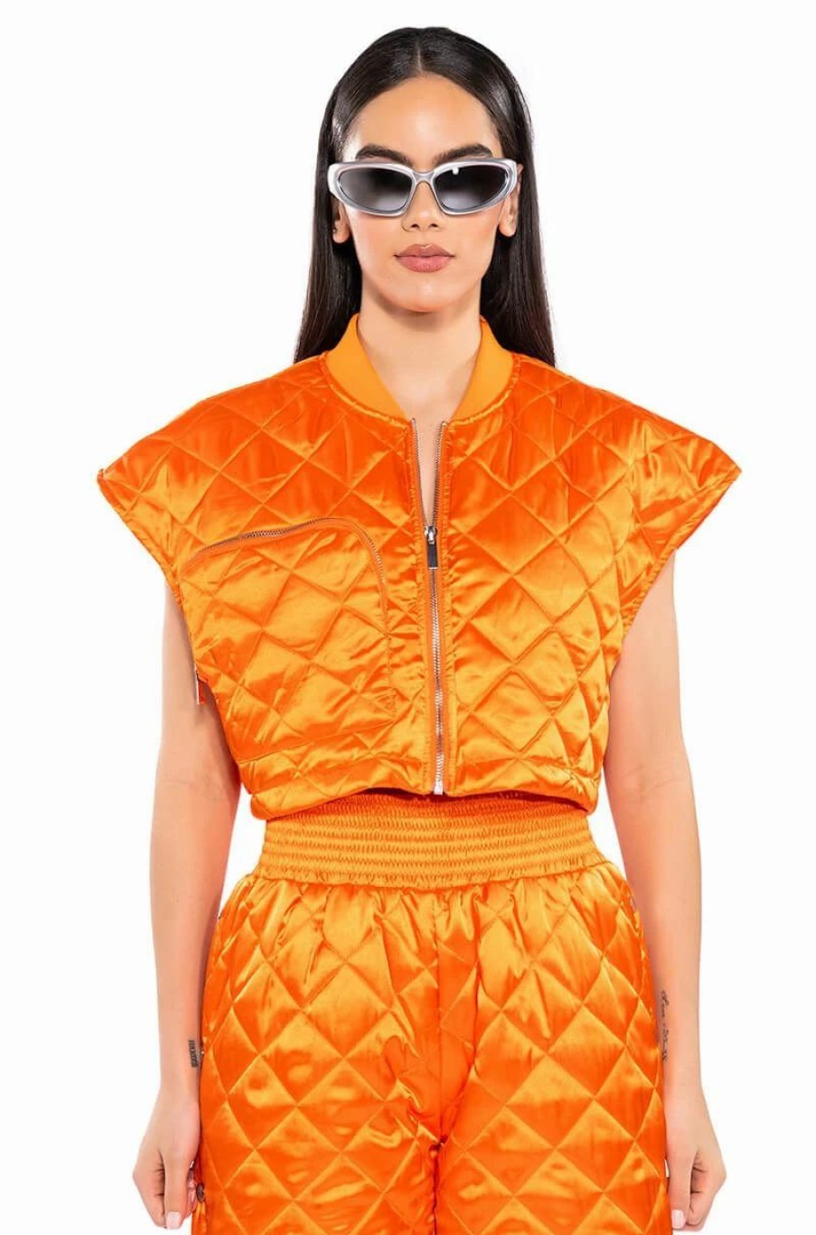 Two Piece Sets * | Cozy Mode Quilted Satin Vest Orange