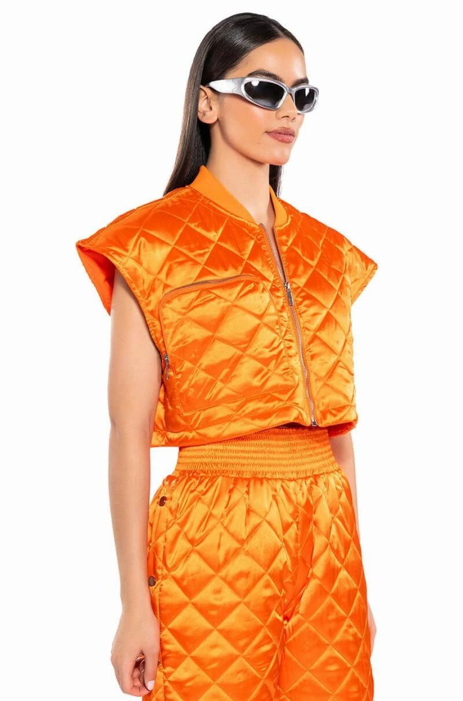 Two Piece Sets * | Cozy Mode Quilted Satin Vest Orange