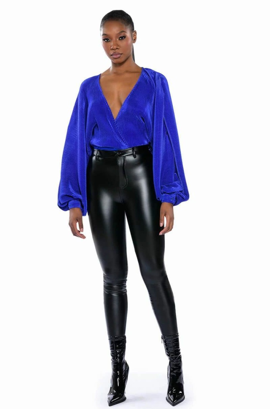 Long Sleeve Tops * | Slow Motion Long Sleeve Wrap Front Bodysuit Royal Blue