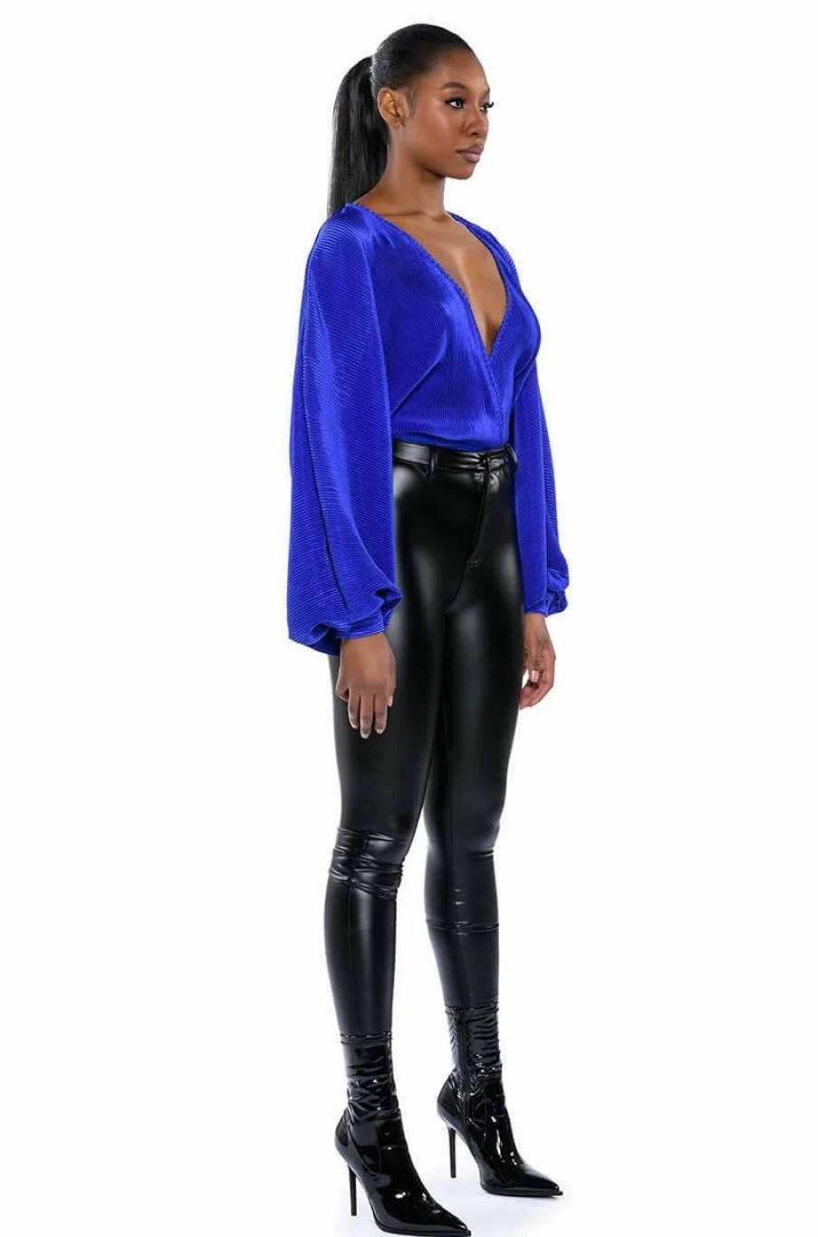 Long Sleeve Tops * | Slow Motion Long Sleeve Wrap Front Bodysuit Royal Blue