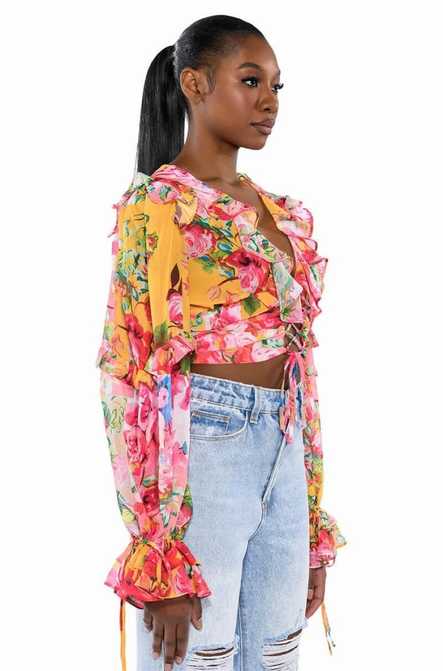 Long Sleeve Tops * | Wildflower Long Sleeve Ruffle Blouse Yellow Multi