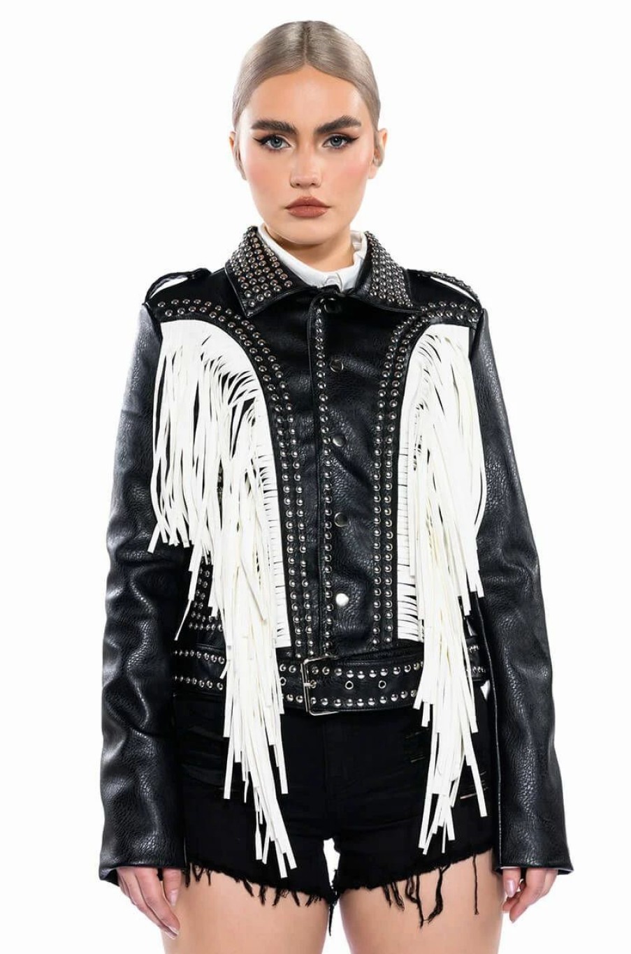 Moto Jackets * | Lolla Fringe Western Moto Jacket Black White