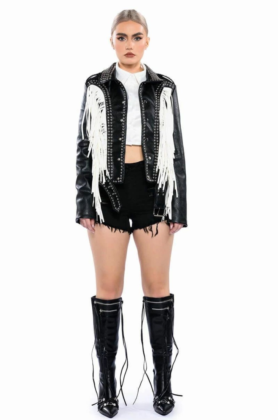 Moto Jackets * | Lolla Fringe Western Moto Jacket Black White