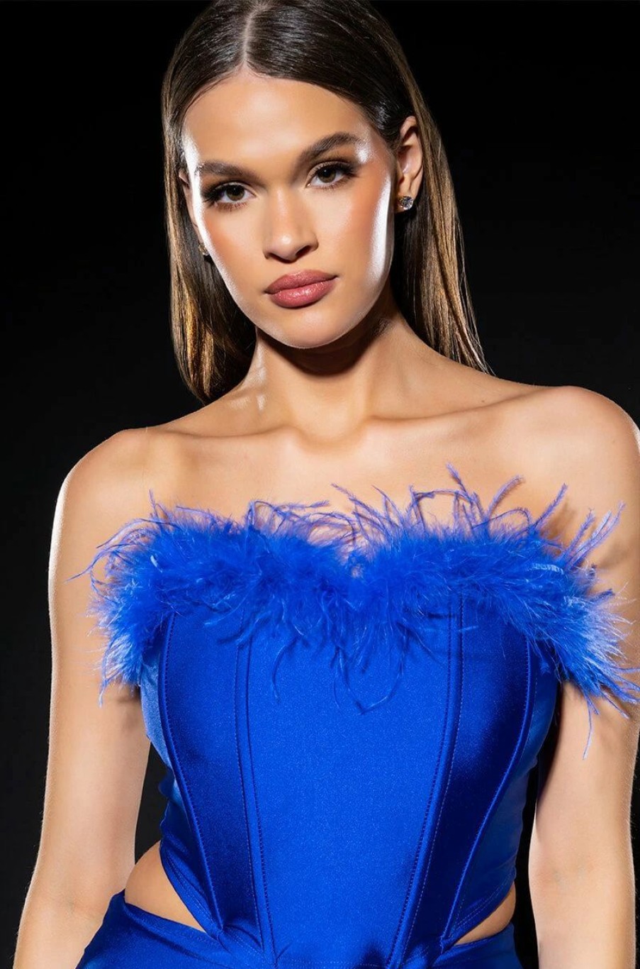 Two Piece Sets * | The Moment Feather Detail Corset In Blue Royal Blue