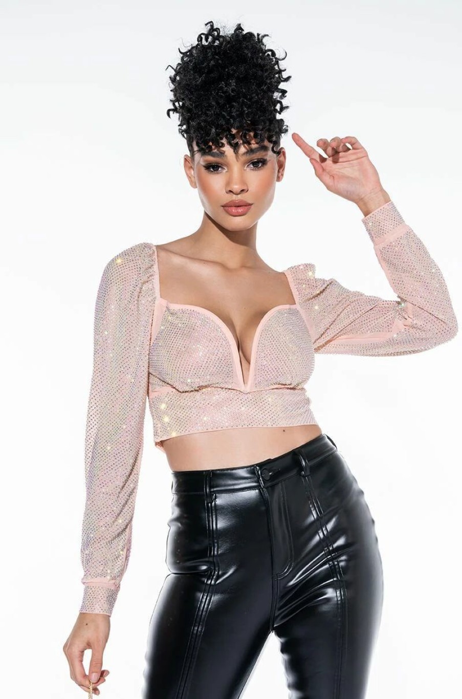 Long Sleeve Tops * | The Show Goes On Rhinestone Mesh Long Sleeve Blouse Light Pink