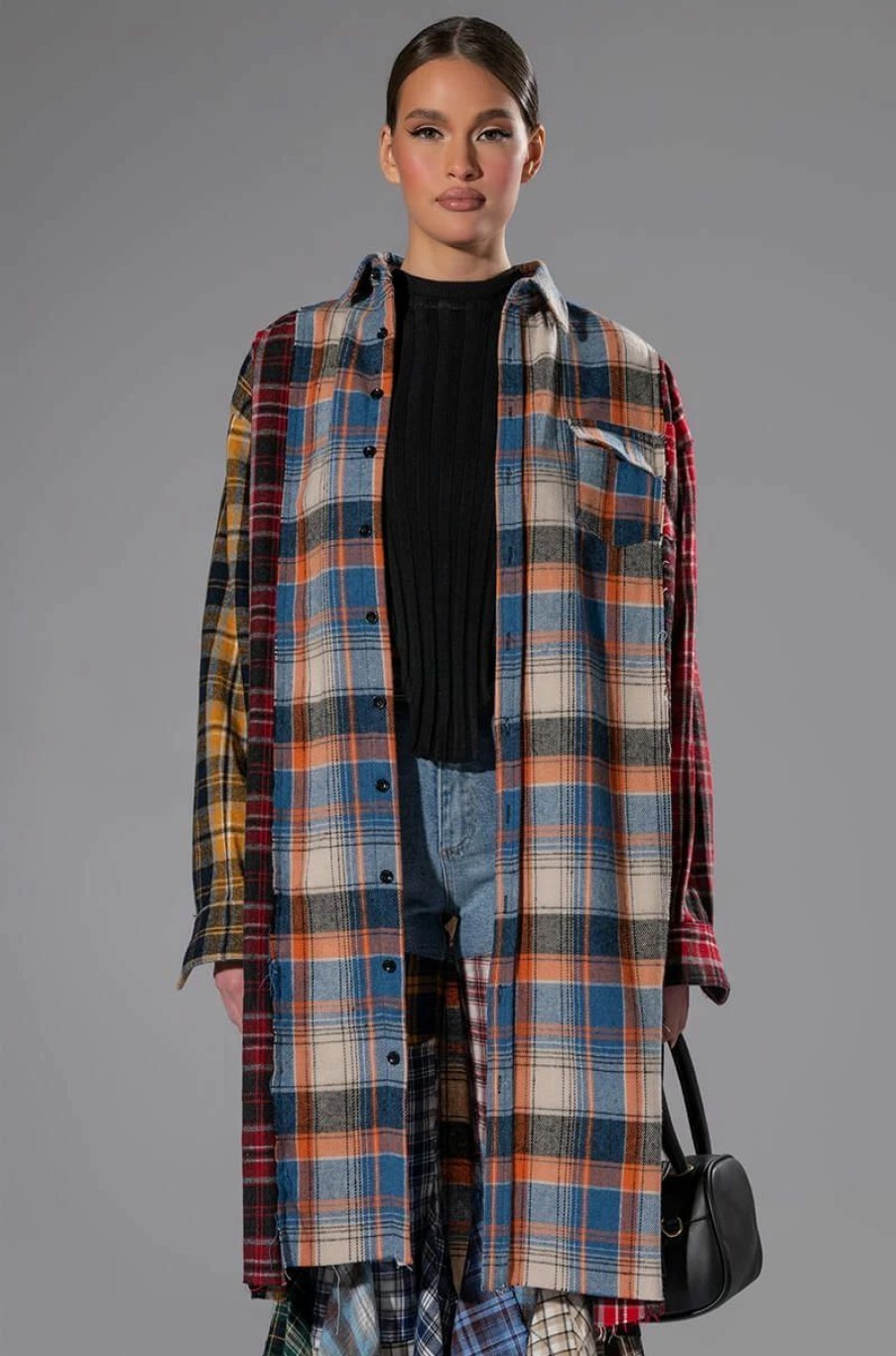 Long Sleeve Tops * | Grunge Girl Mixed Patchwork Oversized Long Plaid Top Blue