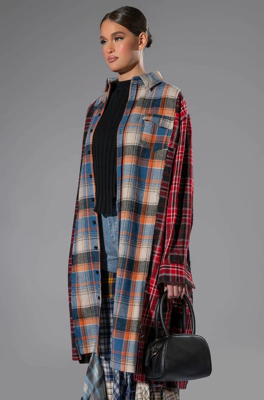 Long Sleeve Tops * | Grunge Girl Mixed Patchwork Oversized Long Plaid Top Blue