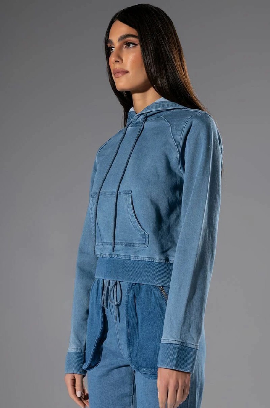 Long Sleeve Tops * | You Oughta Know Denim Hoodie Medium Blue Denim