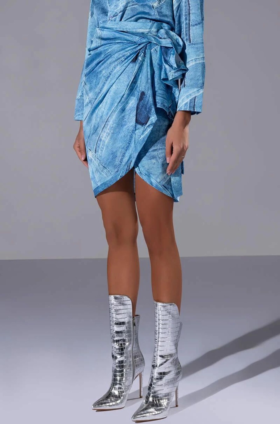 Long Sleeve Tops * | Call It What You Want Denim Print Button Down And Wrap Skirt Set Blue