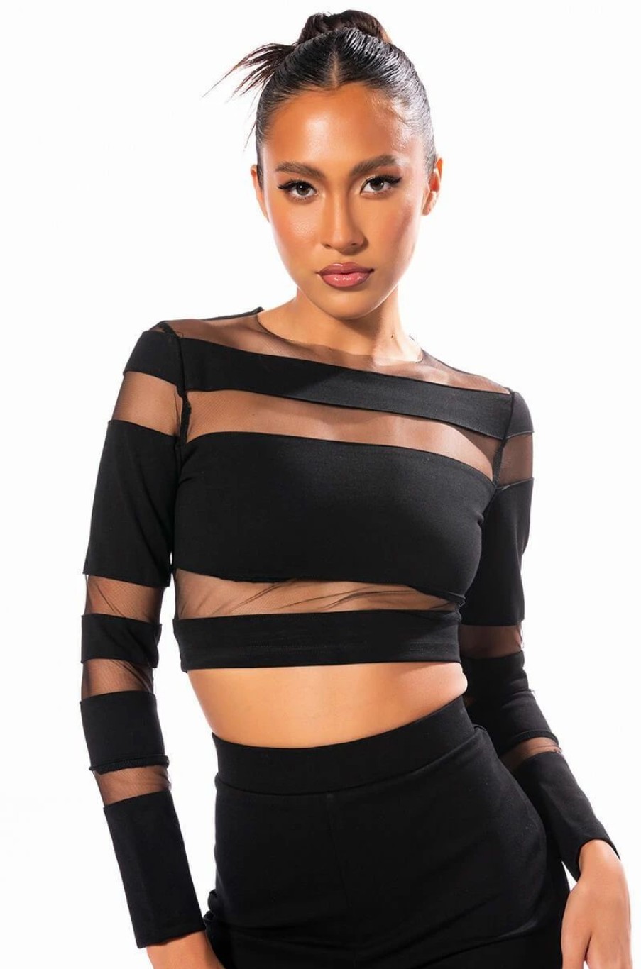 Long Sleeve Tops * | Cut To The Chase Mesh Panel Long Sleeve Crew Neck Top Black