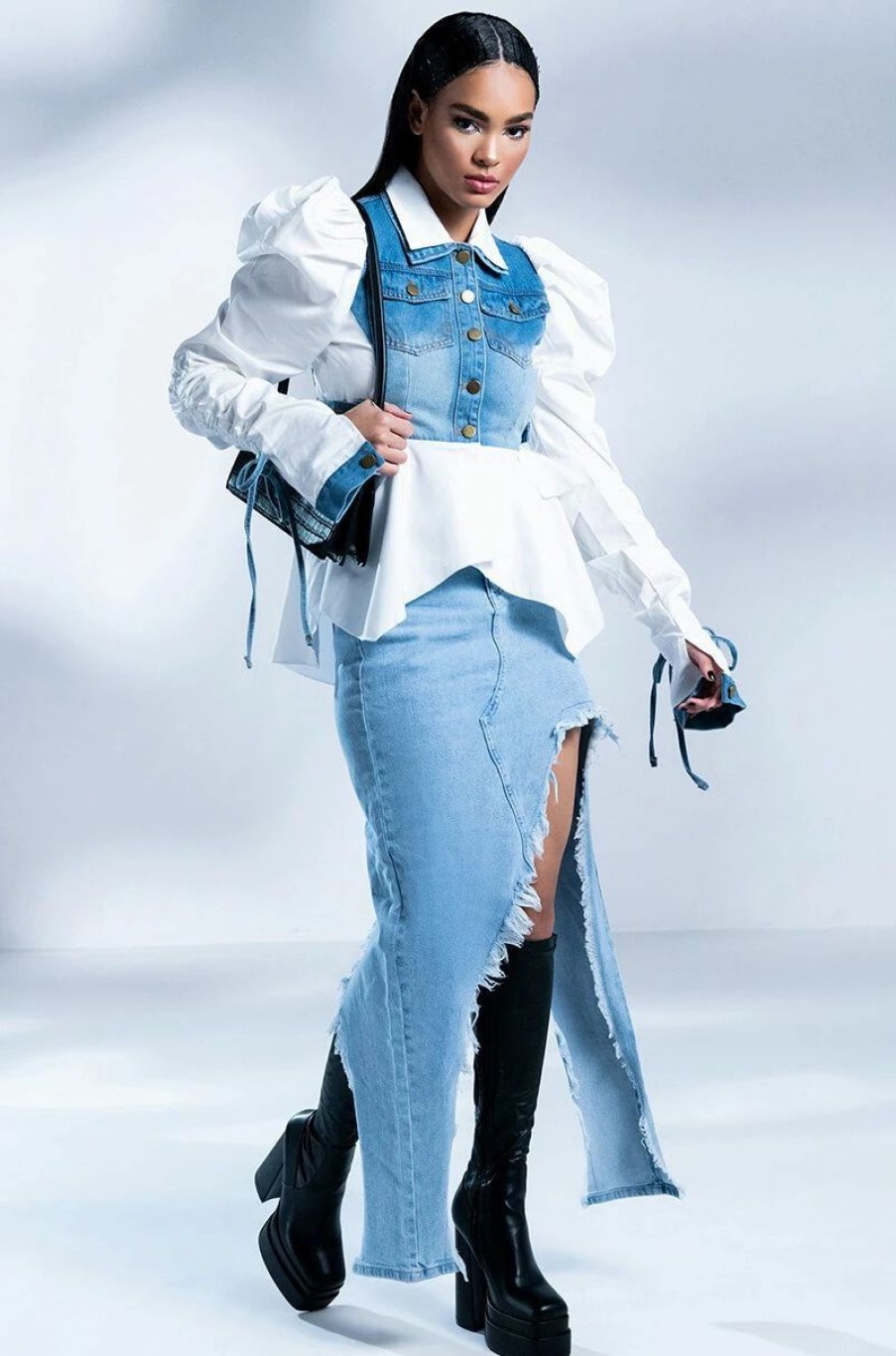 Long Sleeve Tops * | All About You Denim Top With Satin Contrast White