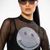 Long Sleeve Tops * | Move All Night Rhinestone Smiley Face Sheer Mesh Top Black