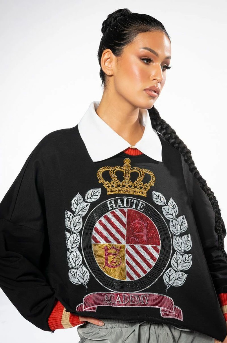 Long Sleeve Tops * | Collegiate Haute Academy Collared Sweatshirt Black