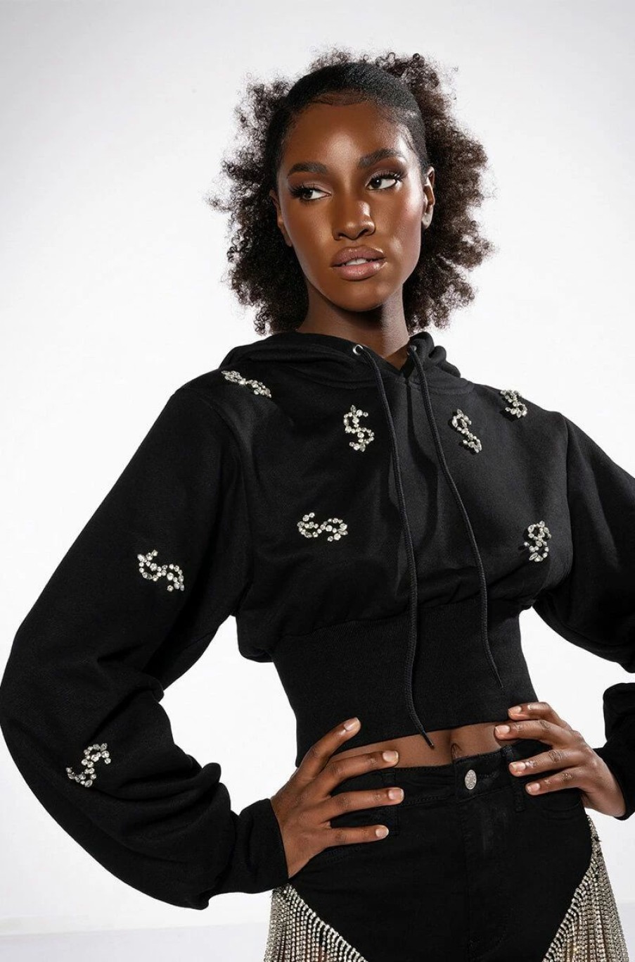 Hoodies And Sweatshirts * | Dollars On My Mind Cropped Rhinestone Sweatshirt Black