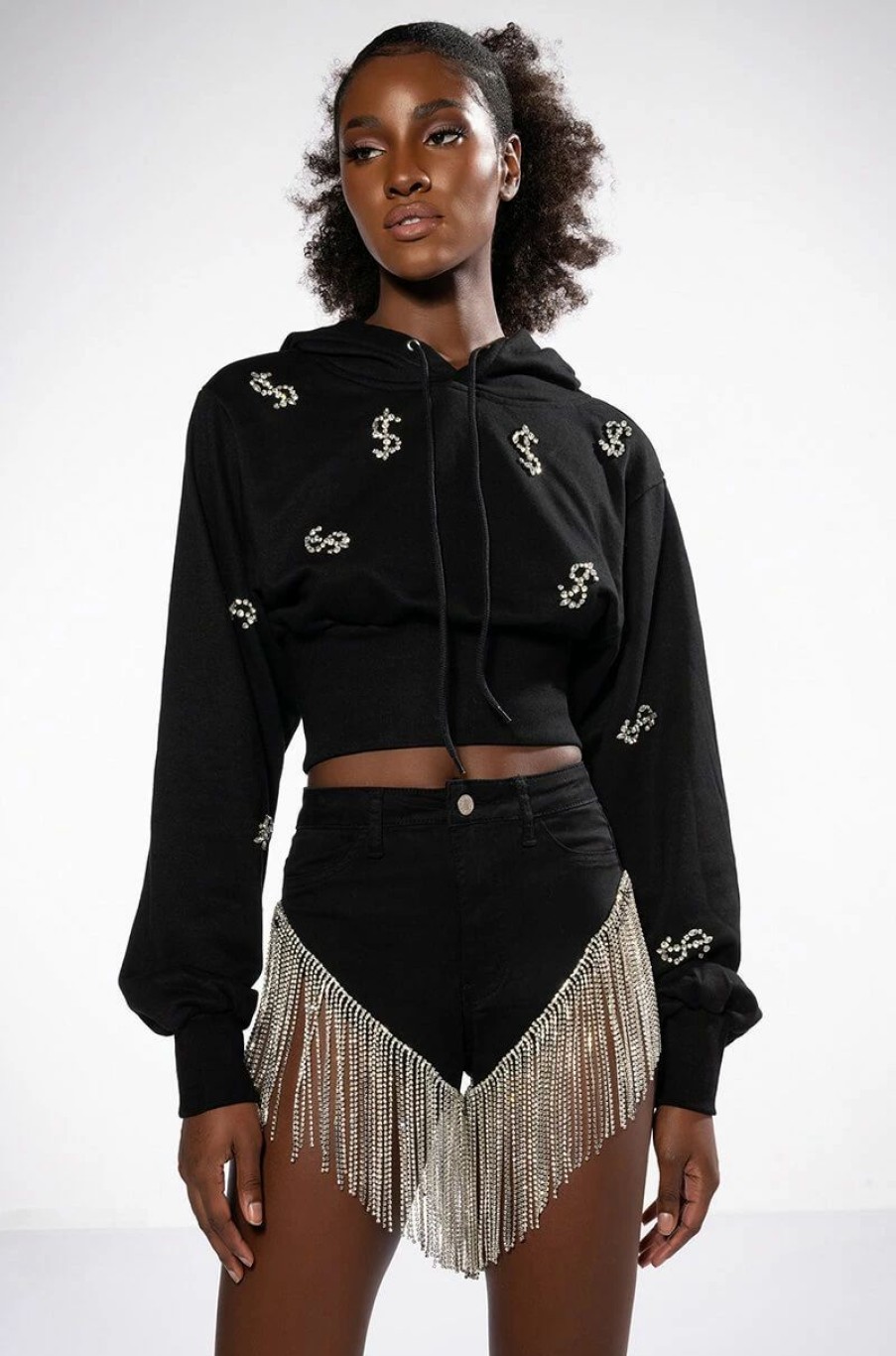 Hoodies And Sweatshirts * | Dollars On My Mind Cropped Rhinestone Sweatshirt Black