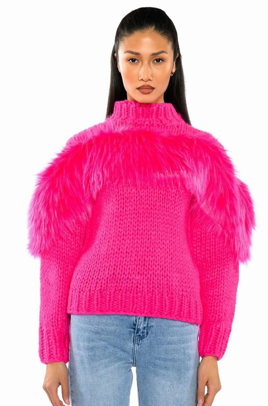 Long Sleeve Tops * | Lyla Faux Fur Detail Cozy Sweater Pink