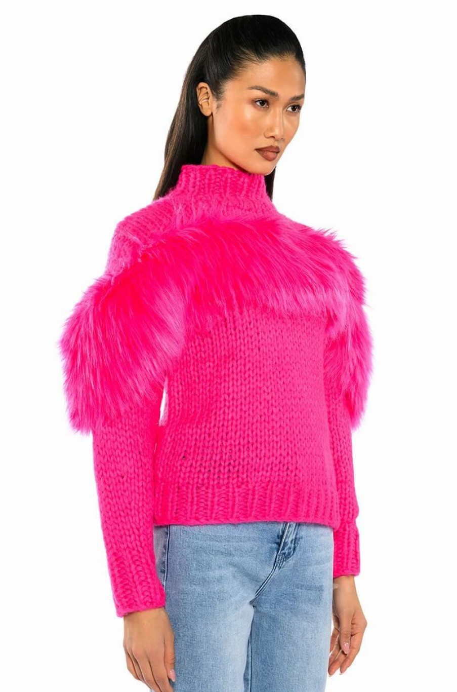 Long Sleeve Tops * | Lyla Faux Fur Detail Cozy Sweater Pink