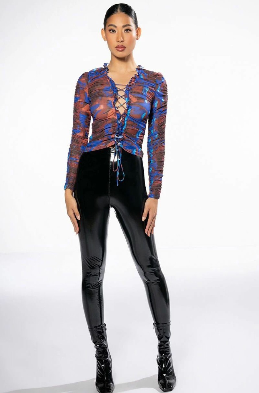 Long Sleeve Tops * | Berry Drip Ruched Lace Up Long Sleeve Mesh Top Blue Multi