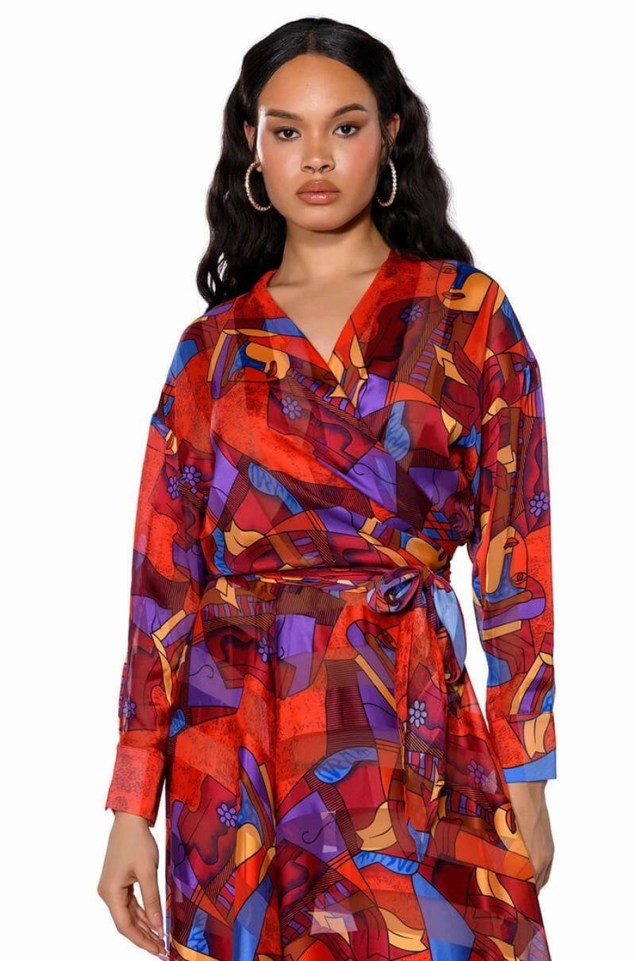 Long Sleeve Tops * | Aesthetic Scarf Print Tie Front Blouse Red Multi