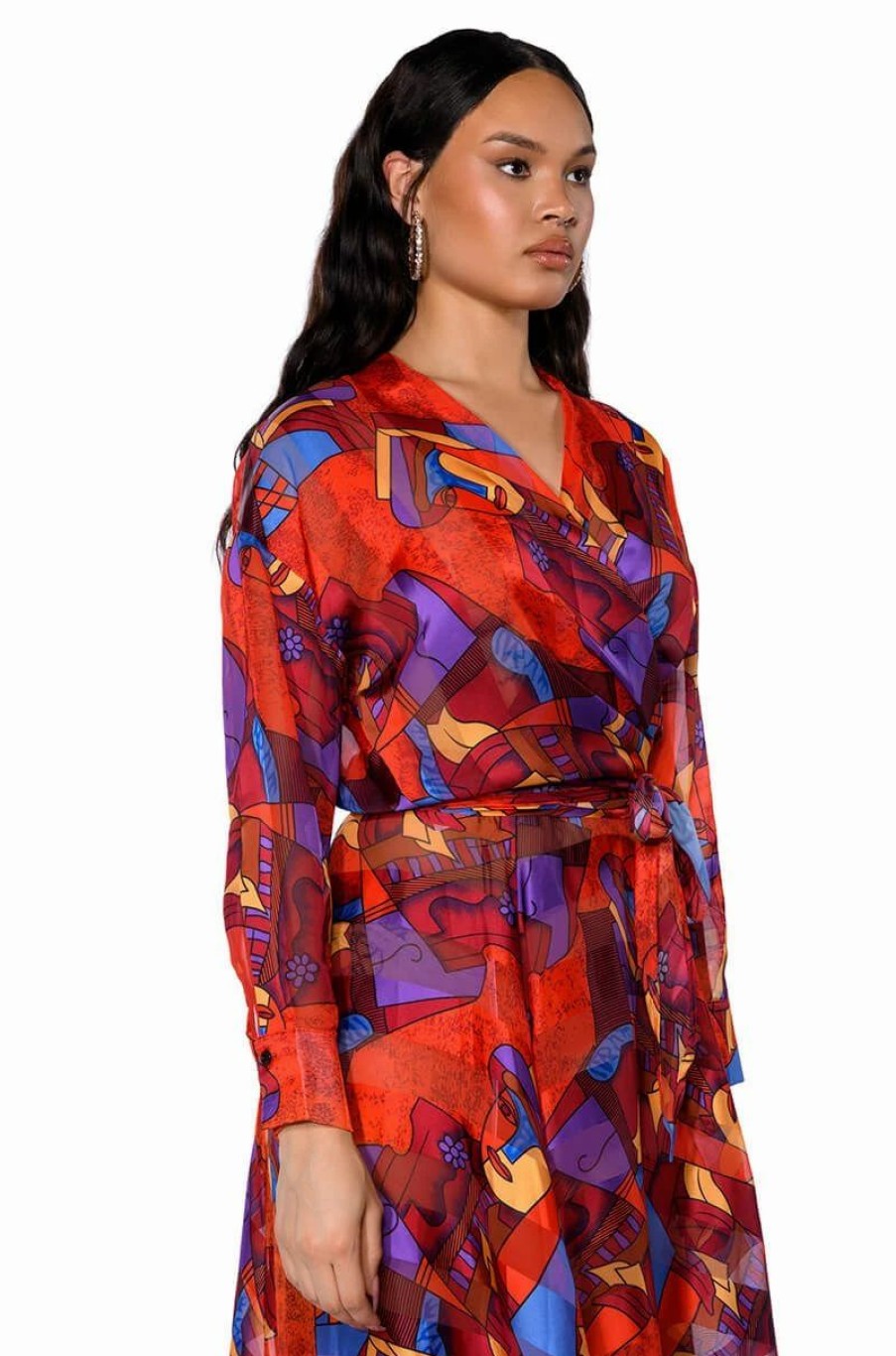 Long Sleeve Tops * | Aesthetic Scarf Print Tie Front Blouse Red Multi