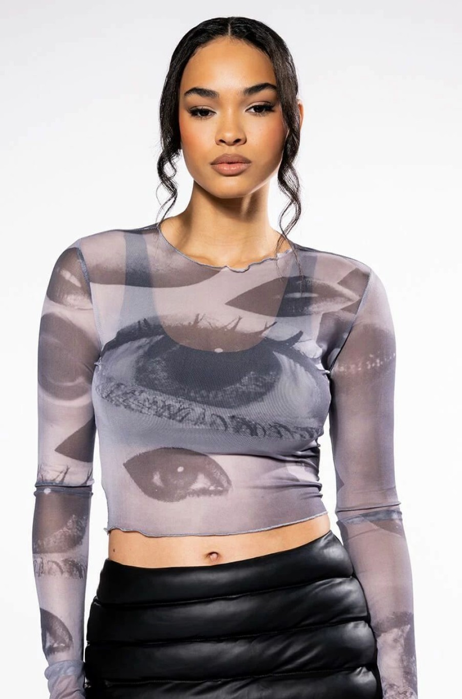 Long Sleeve Tops * | All Eyes On You Long Sleeve Mesh Top Grey Multi