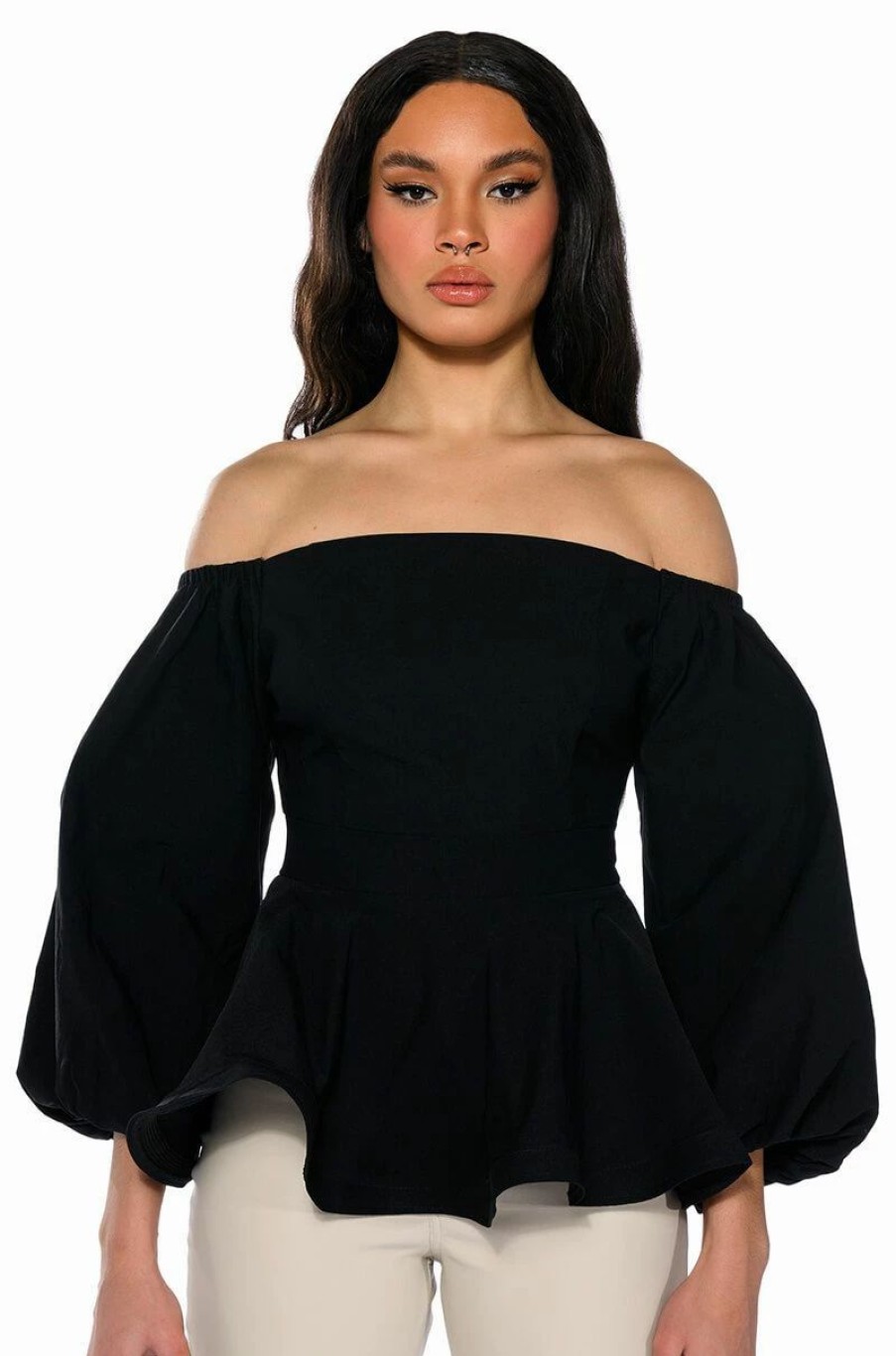 Long Sleeve Tops * | Evelyn Off The Shoulder Poplin Blouse Black