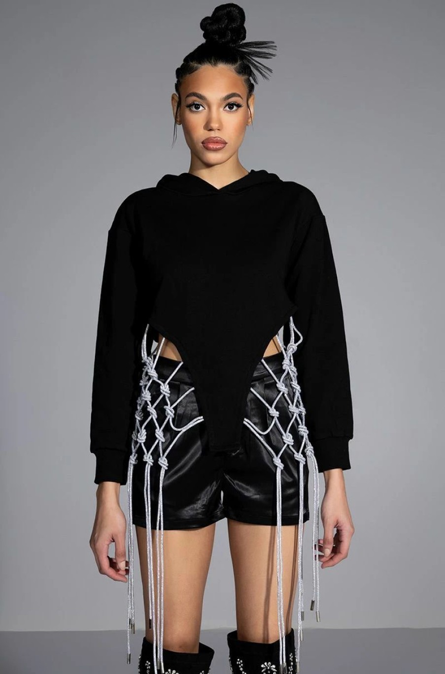 Hoodies And Sweatshirts * | Day N Night Rhinestone Fringe Hoodie Black