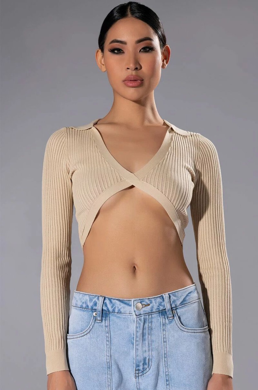 Long Sleeve Tops * | Hazel Collared V Neck Long Sleeve Sweater Beige