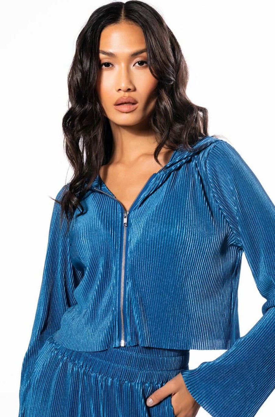 Long Sleeve Tops * | Astrid Pleated Front Zip Hoodie Blue