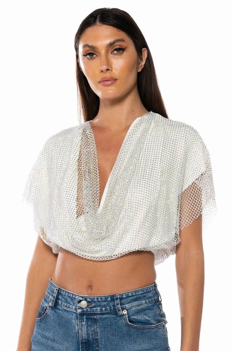 Tops * | Indigo Draped Rhinestone Mesh Blouse In White