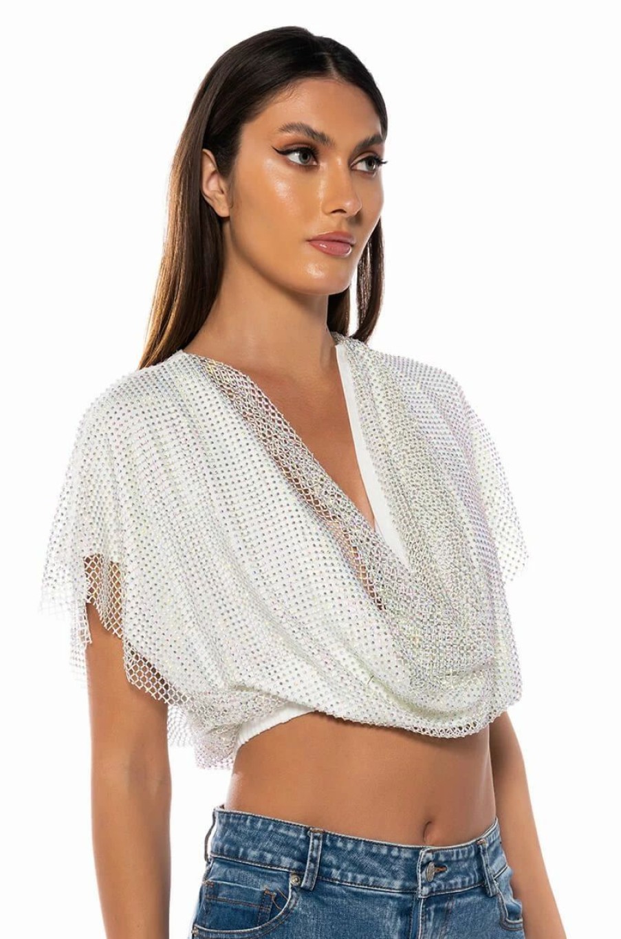 Tops * | Indigo Draped Rhinestone Mesh Blouse In White